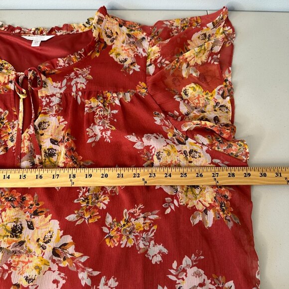 LC Lauren Conrad Flutter Sleeve Blouse 4X Orange Floral Chiffon Tunic - Picture 6 of 10